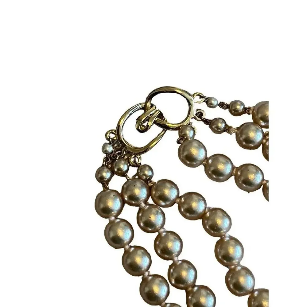 Vintage 3 Strand Faux Pearl Gold Tone Necklace Knotted 16